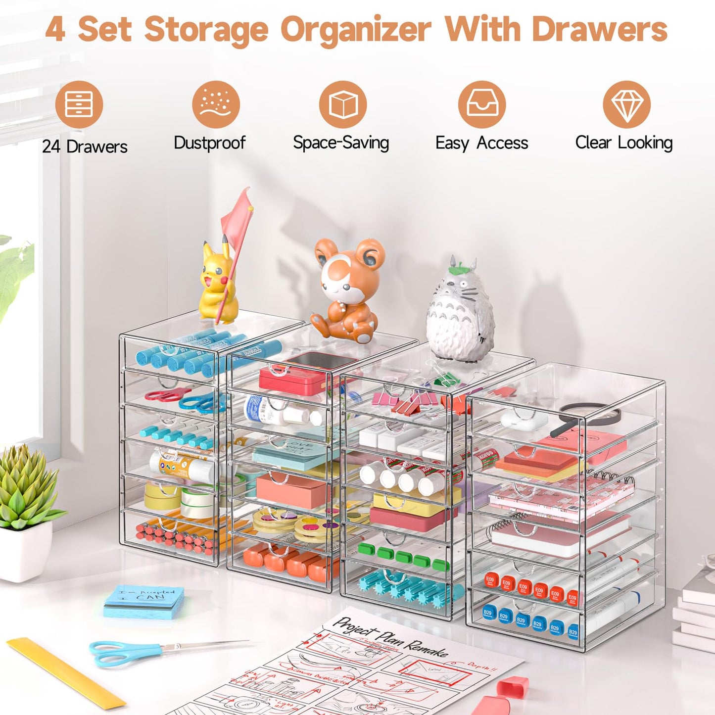 Makeup Drawer Storage Organizer with 24 Drawers, 4 Set Acrylic Office Desk Organization and Storage, Dustproof Drawer Organizer for Makeup, Office, Countertop, Jewelry, Pen, Desktop, Bathroom, Bedroom
