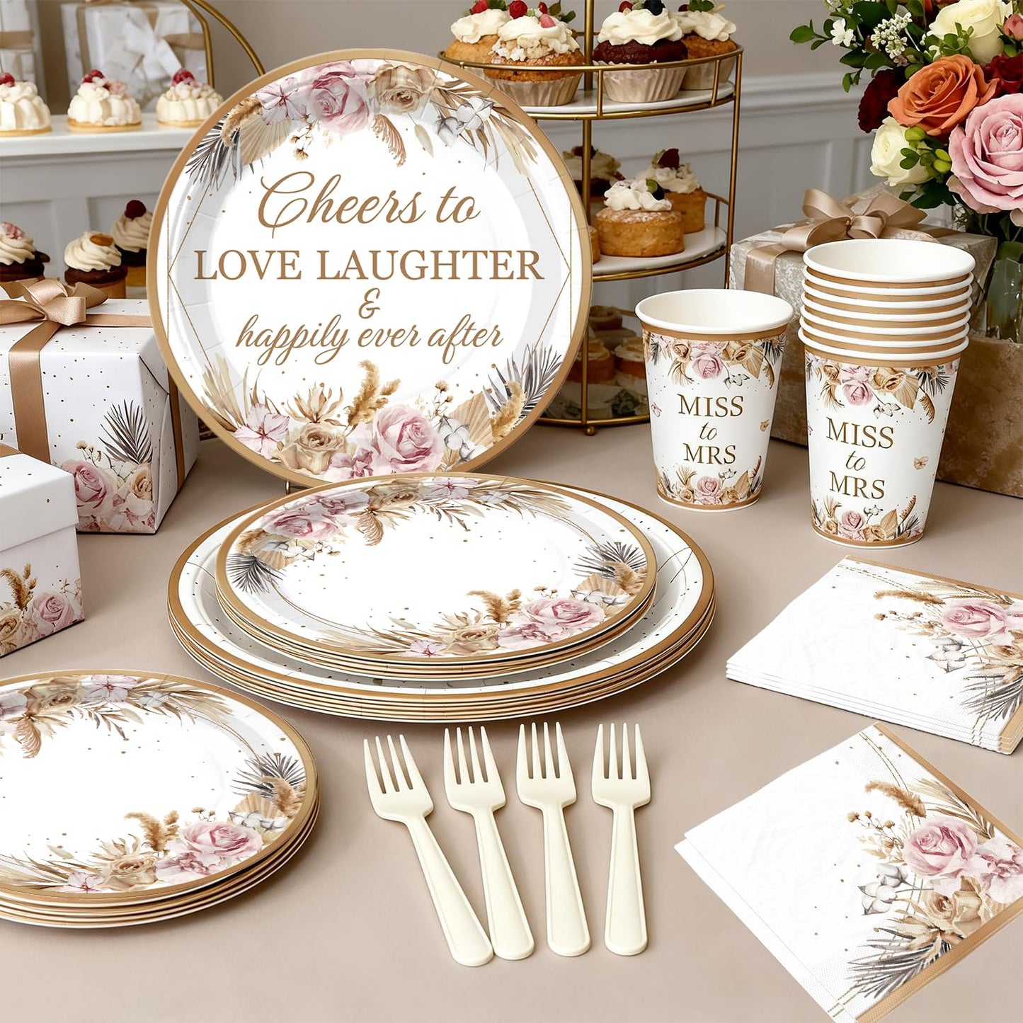 cocomigo 301pcs Boho Bridal Shower Decorations Complete Party Set, Serves 25 Guests, Boho Wedding Engagement Theme Bridal Shower Decorations, includes Balloon Arch Box Tableware Veil Shoulder Straps