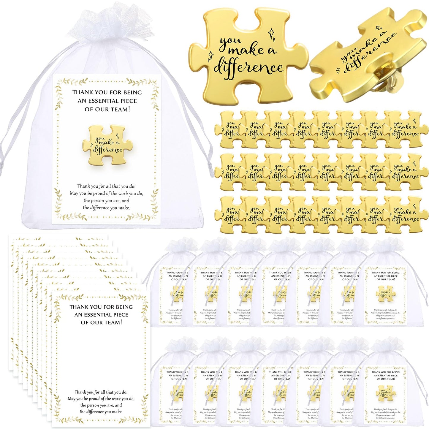 Solsew 100 Sets Employee Appreciation Gifts Bulk Puzzle Piece Lapel Pin Thank You Card and Organza Bag Building Recognition Soccer Baseball Team Gift for Employee Office Staff Coworker (Difference)