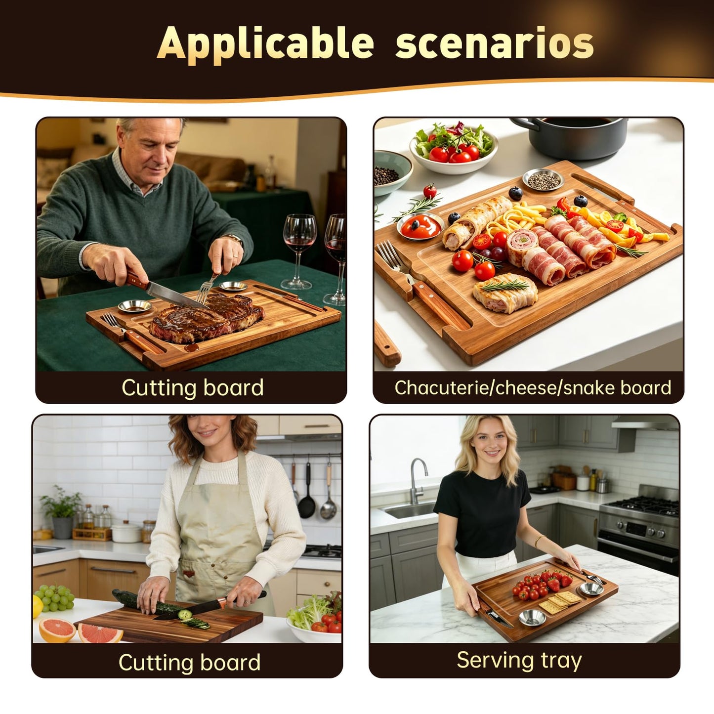 2 Set Acacia Wood Steak Plates Board with Knife Fork Ramekins,Knife-Friendly Food Serving Tray Deep Juice Groove Charcuterie Meat Cutting Boards for Dinner BBQ Party Restaurant & Housewarming Gifts