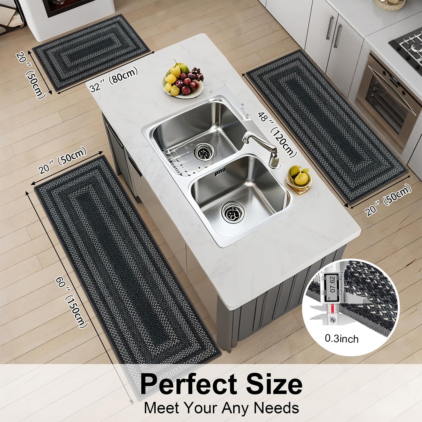 HEBE Washable Kitchen Rugs Sets of 3, Non Slip Absorbent Kitchen Rugs and Mats, Farmhouse Stain Resistant Faux Jute Kitchen Mat Carpet Runner for Kitchen Floor, Laundry Room, Hallway, Black/Grey