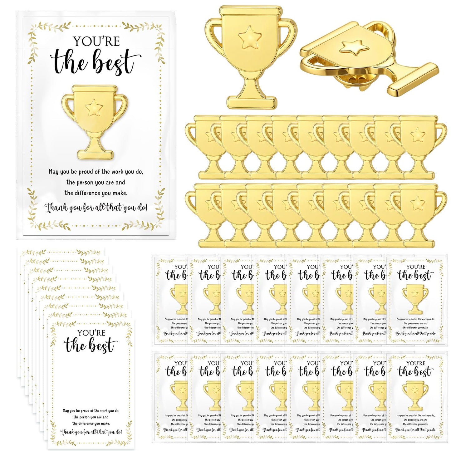 Juinte 60 Sets Employee Appreciation Gifts Bulk Trophy Pins with Thank You Cards Organza Bags Inspirational Appreciation Recognition Gift for Team Staff Student Teacher Nurse (Star)