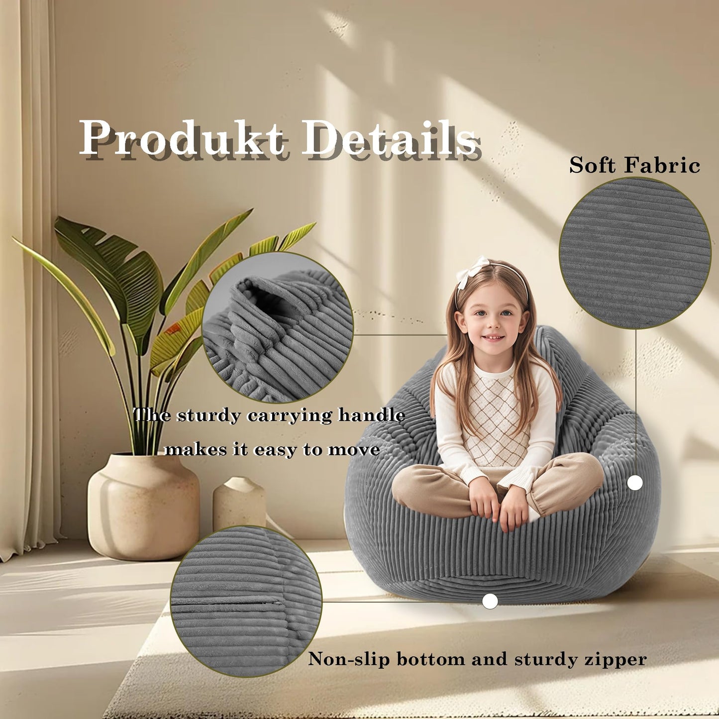 LPMOERA Bean Bag Chairs for Kids/Teen with Memory Foam Filling Bean Bag Sofa with Soft Corduroy Fabric BeanBag Chair for Living Room Bedroom College Dorm Reading Chair Blue