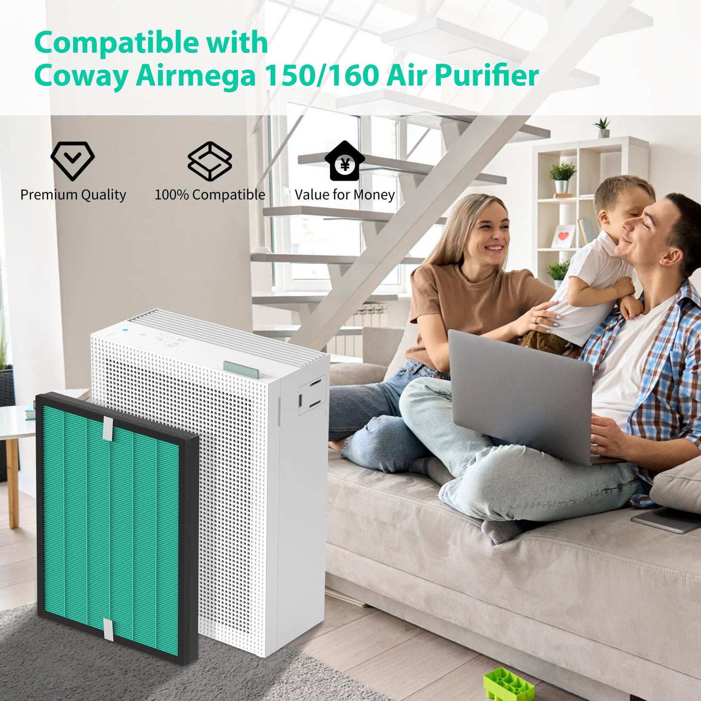 2 Pack Upgraded Airmega 150 Filter Replacement Compatible with Coway Airmega 150 (AP-1019C) & Airmega 160 Air Purifiers, True HEPA and Enhanced Activated Carbon Filter, AP-1019C-FP (Enhanced 150)