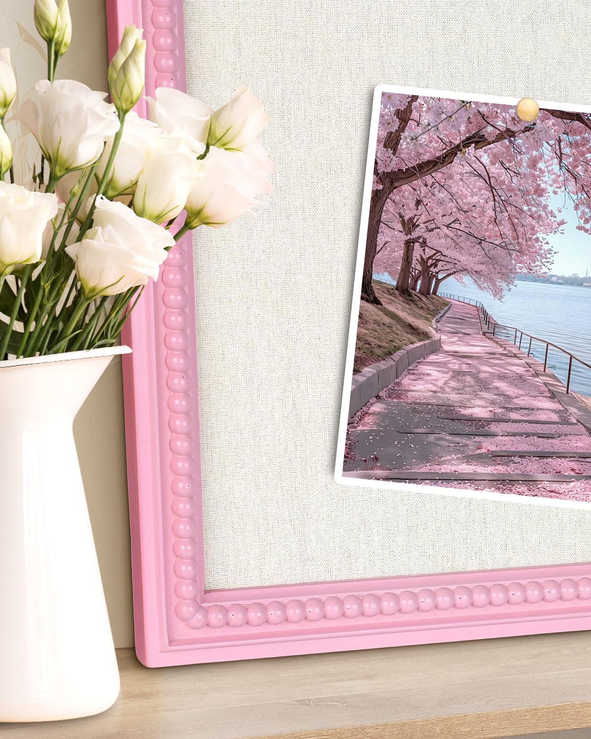 Framed Linen Bulletin Board - 18 x 24 inches Fabric Organizer Pinboard for Wall, Picture Display Vision Board, Cutecore Room Decor - Natural Linen with Pink Frame