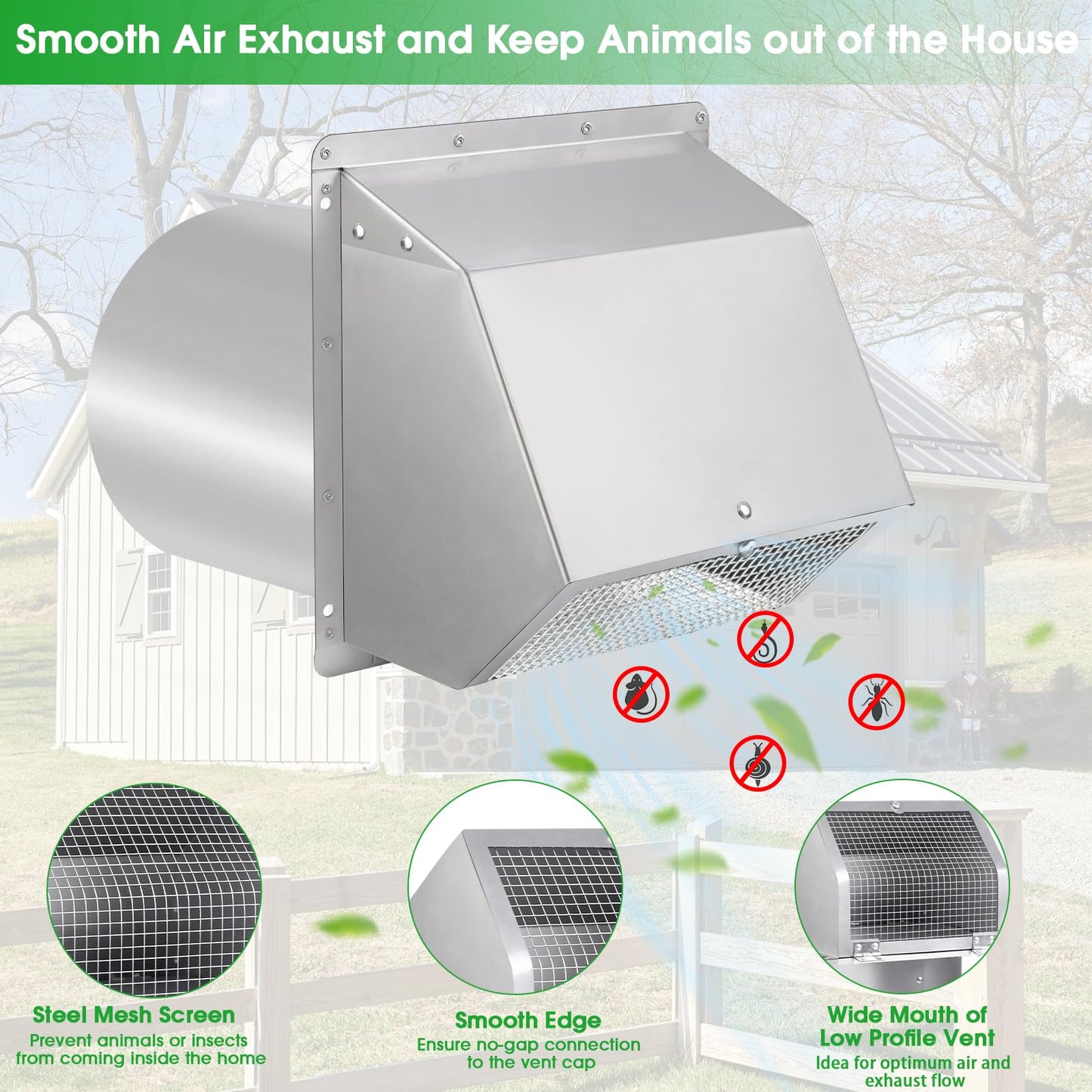 4 Inch Dryer Vent Cover Outside Hooded Wall Vent with Screen and Damper,4" Exterior Wall Vent Dryer Air Vent,Exhaust Wall Mount Cover Cap for Dryer Ventilation&Outdoor Air Exhaust, Stainless Steel