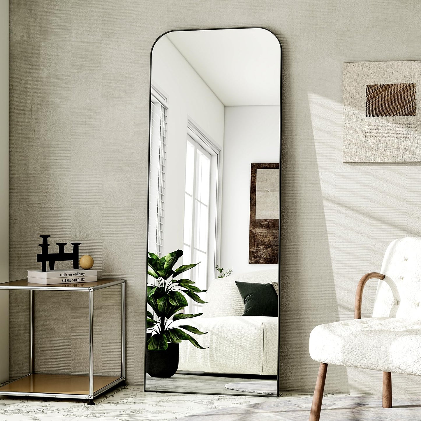 HARRITPURE 57"x20" Full Length Mirror, Black Rounded Corner Aluminum Frame Standing Mirror, Hanging/Leaning Wall Floor Mirror with Stand for Living Room Bedroom Cloakroom