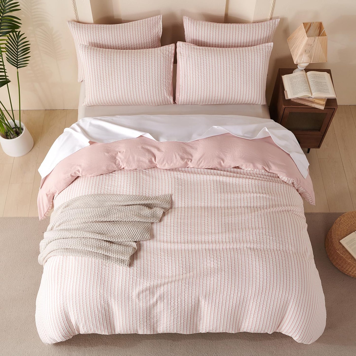 BUPIRD Pink Comforter Set Queen Size Striped 100% Soft Washed Microfiber Jacquard 3 Pieces Striped Bedding Sets Pink White Comforter Queen for All Seasons and 2 Pillowcases Comfort Breathable