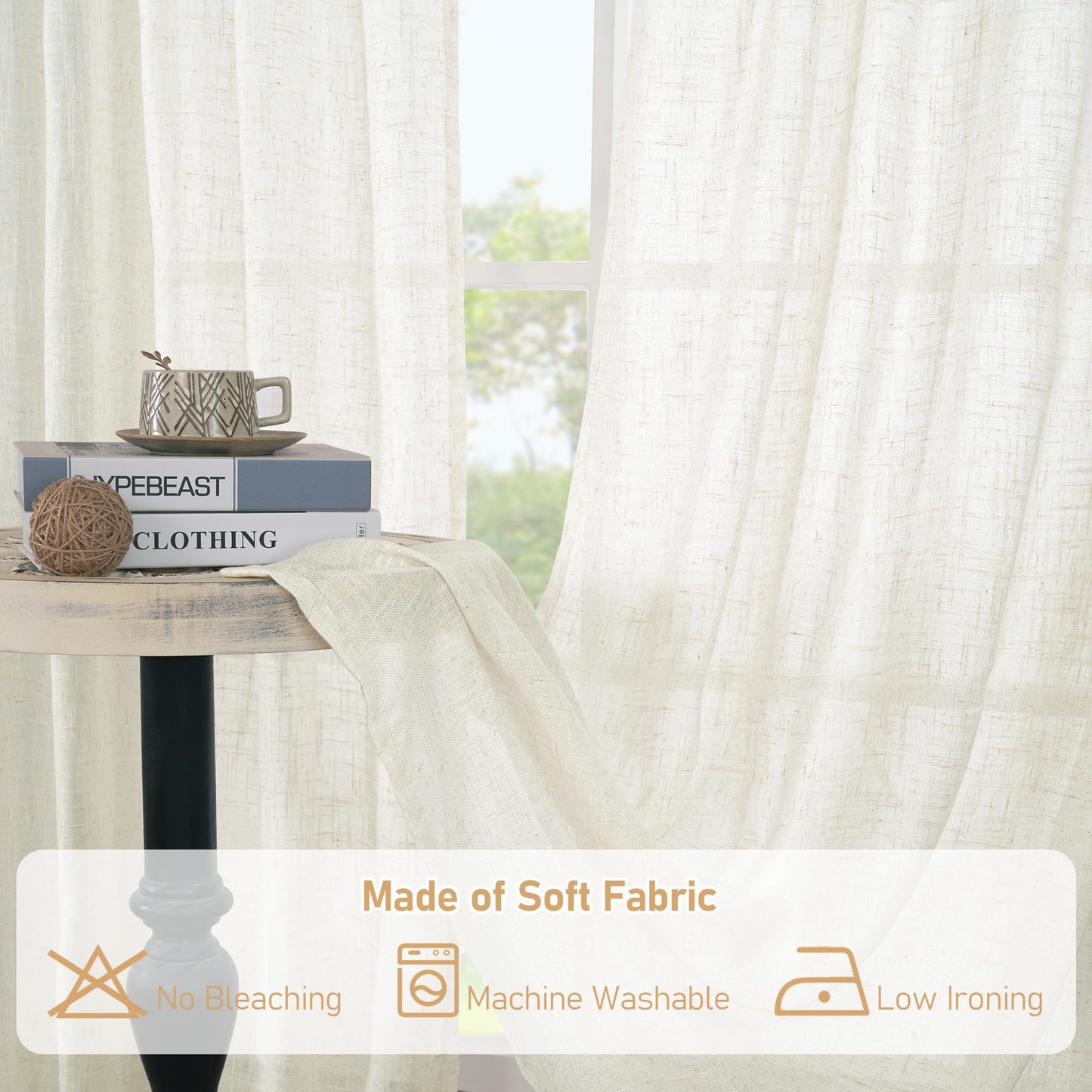 LAMIT Cream Linen Curtains 84 inch Length 2 Panels, Light Filtering Semi Sheer Panels Back Tab and Rod Pocket Neutral Boho Drapes for Living Room/Bedroom, 52 x 84 Inch