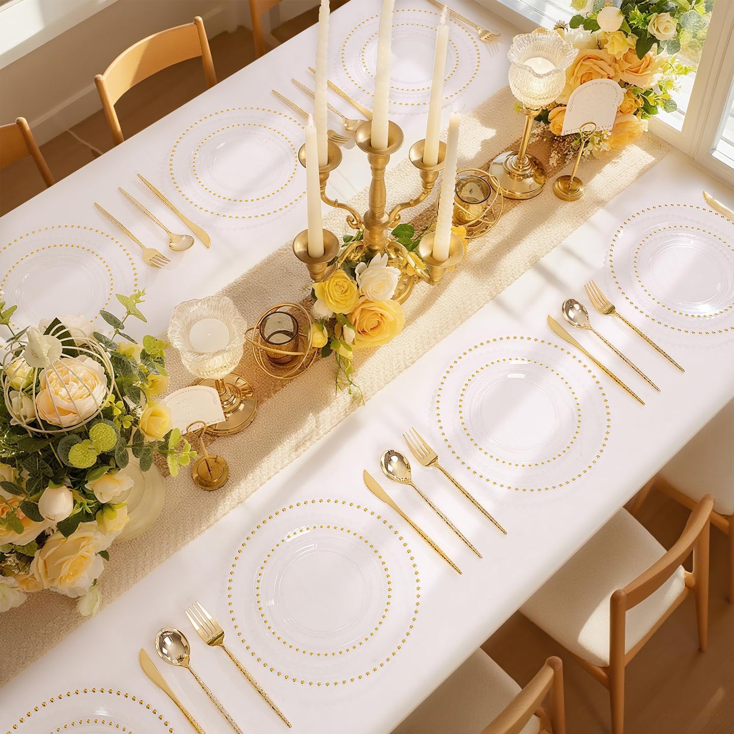 supernal 100pcs Clear Plastic Plates with Gold Beads-Clear and Gold Plastic Plates Disposable Heavy Duty-50 Dinner Plate 10.25inch and 50 Dessert Plate 7.5inch for Wedding,Birthday,Bridal Showers