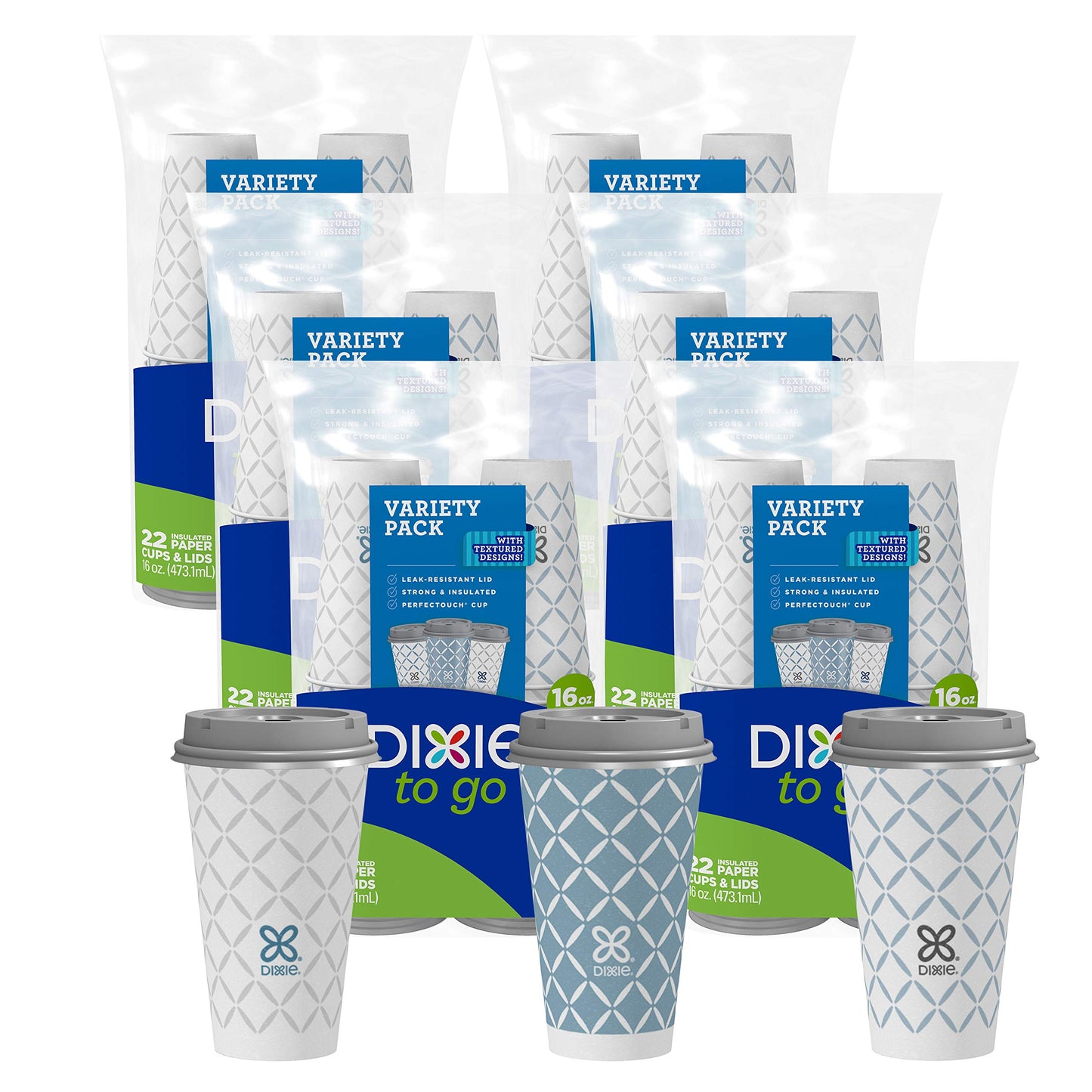 Dixie To Go Large Paper Coffee Cups With Lids, 16 Oz, 132 Count (6 packs of 22 cups), Disposable Cups For On-The-Go Hot Beverages