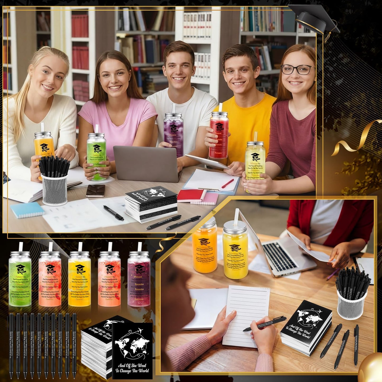 AmazingSpark 72 Pcs Class of 2026 Graduation Gift Set 13.5 oz Graduation Plastic Cups Bulk with Lids Straws Inspirational Notebooks Motivational Pens Gift for Congrats Grad Party Favors Supplies