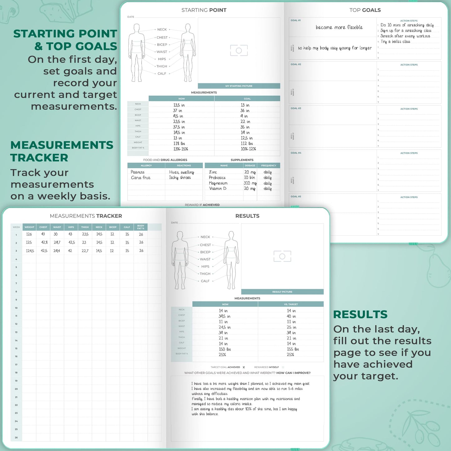 Clever Fox Food Journal Pro – Diet & Wellness Planner for Women & Men – Weight Loss Diary with Calorie Tracker – Food Log for Tracking Meals, Exercise & Weightloss - Undated, 7" x 10" Turquoise