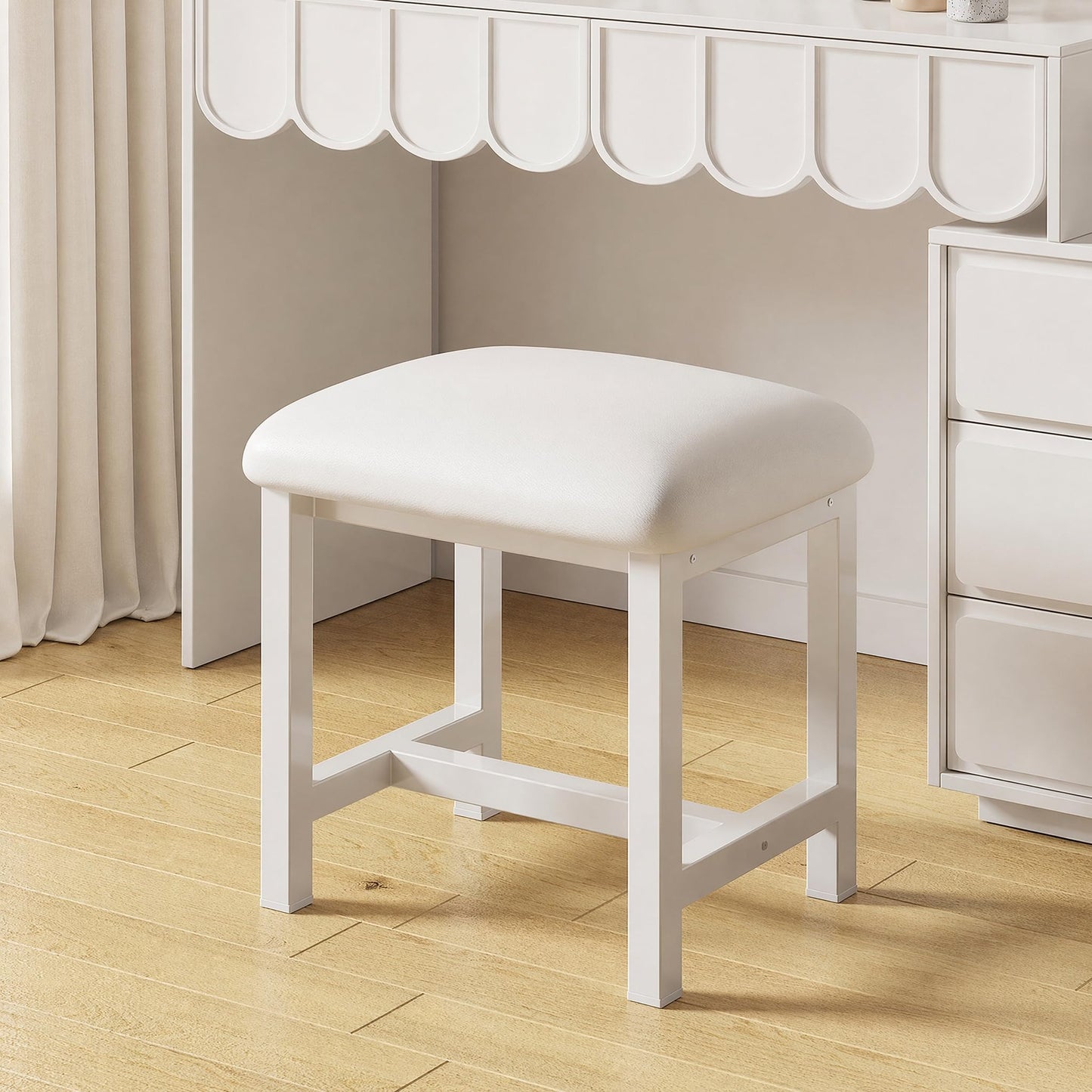 WBKATN White Vanity Stool, Small Vanity Chair, Cute Makeup Bench Seat with Leather Cushioned, Desk Stools for Bedroom, Bathroom, Entryway, Living Room, Office