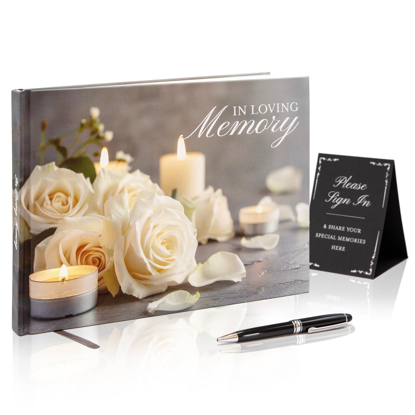 Modern Album Designs Rose Hardcover Funeral Guest Book - 9.5 x 7 Celebration of Life Guestbook for Memorial Service with 5x7 Paper Sign, Pen, Black Photo Corner Stickers