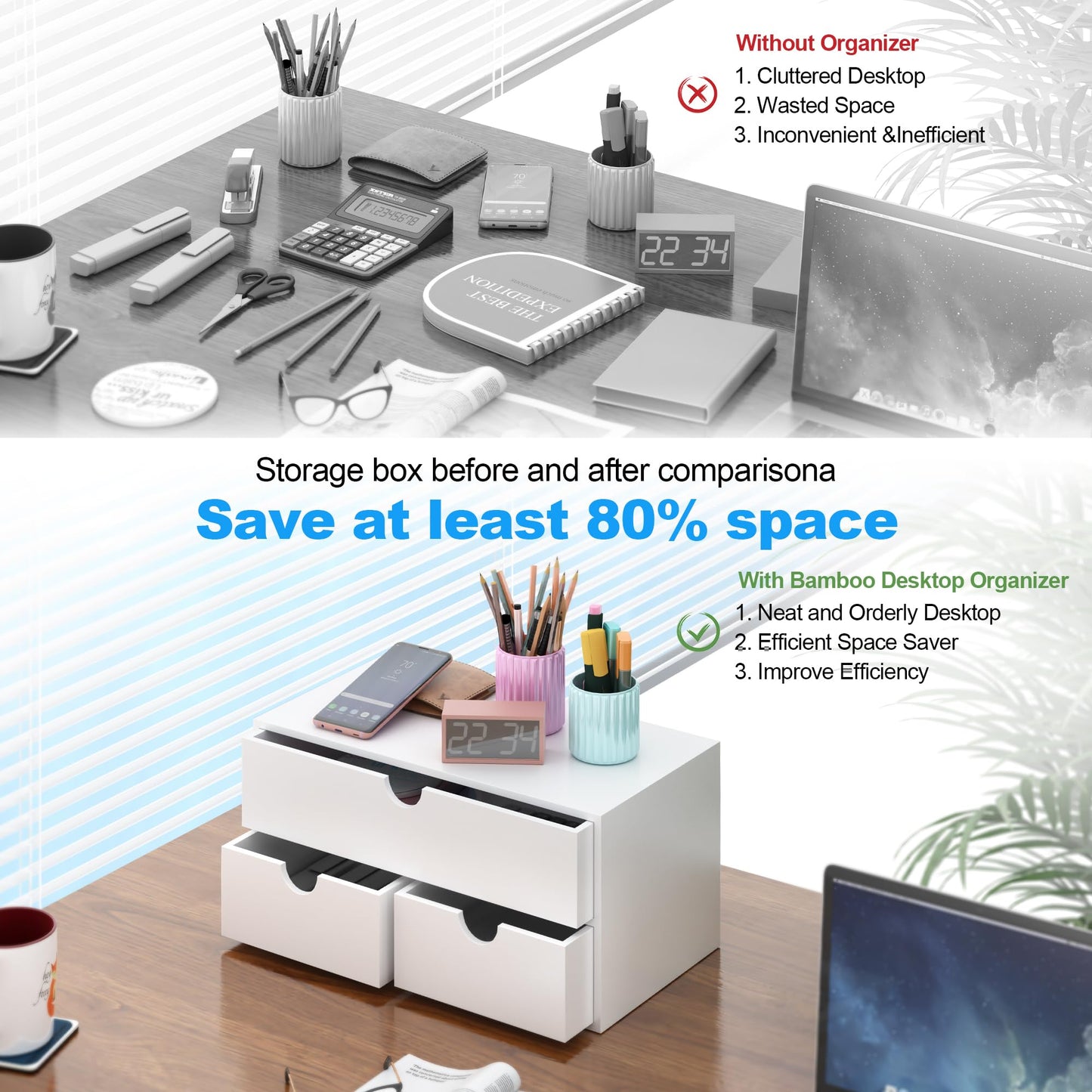 Bamboo Desk Organizer with Drawers Desktop Storage Drawers for Bills Office Supplies Kitchen Utensils Organizing Tool for Home Classroom Organization No Assembly (White)