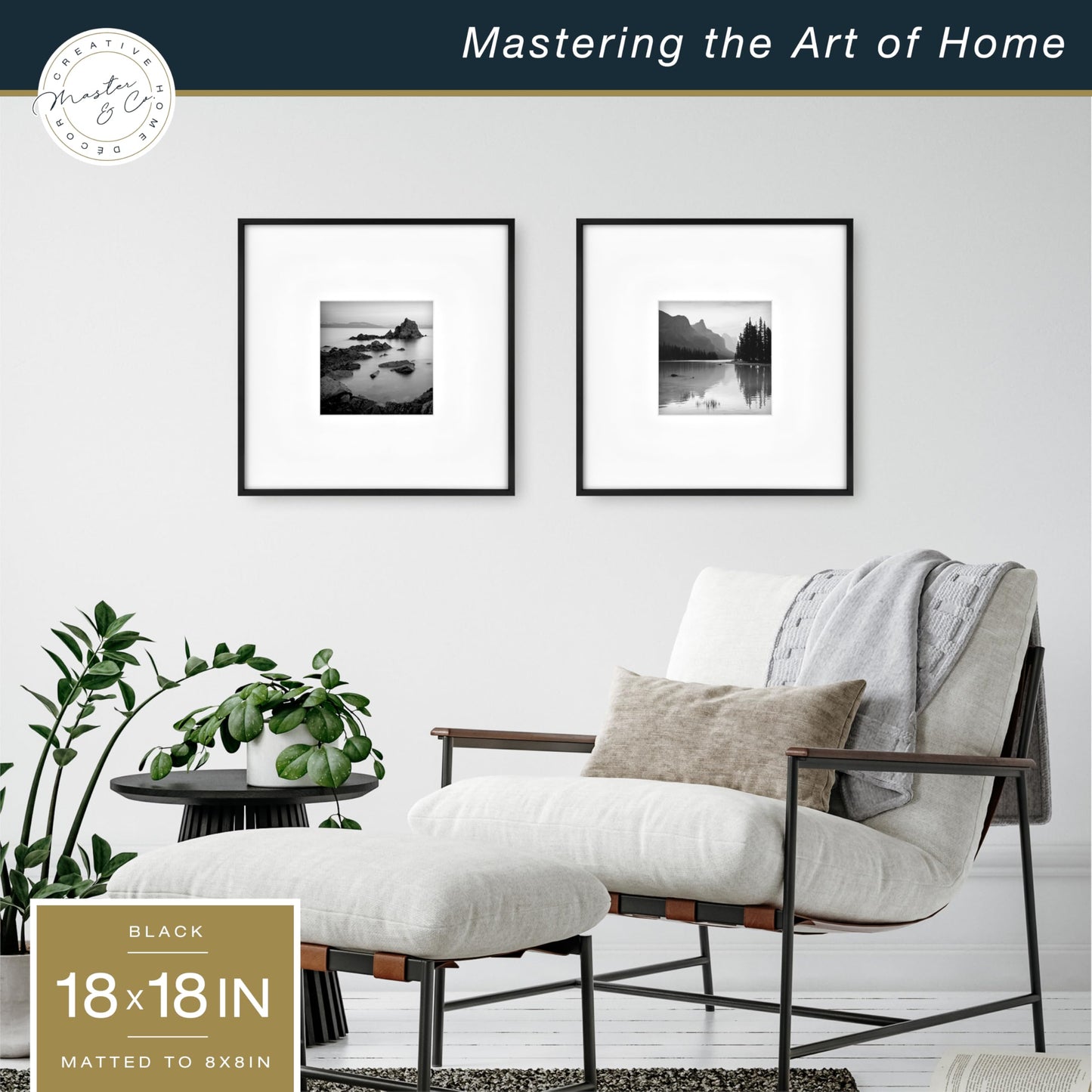 MCS Master & Co. Foundry Metal 18x18 Matted Picture Frame with 8x8 Photo Display, Black Vertical & Horizontal Wall Hanging Frame for Photos & Artwork (2-Pack)
