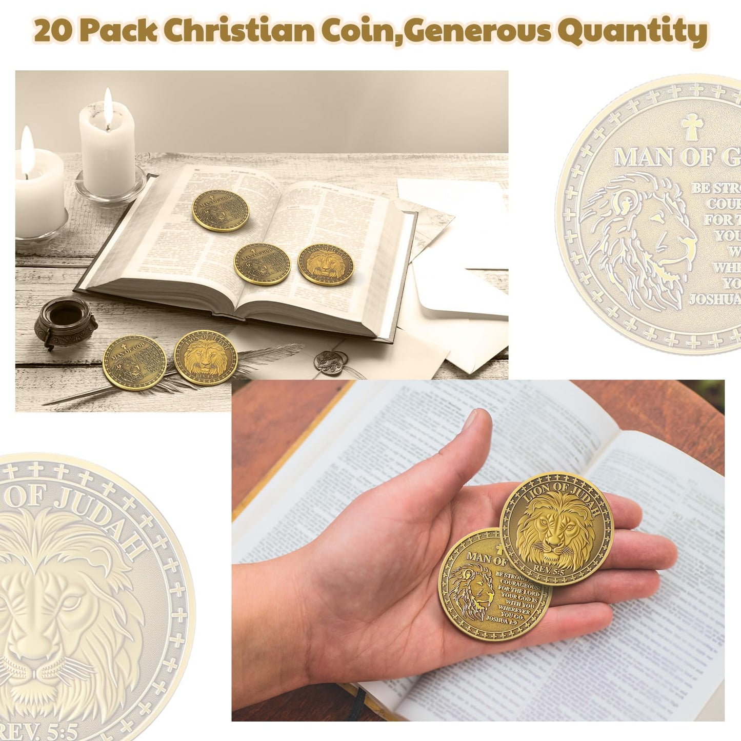 Siifert 20 Pcs Christian Lion of Judah Coin Religious Man of God Tokens Coins Funny Christian Gifts Challenge Pocket Token for Prayer