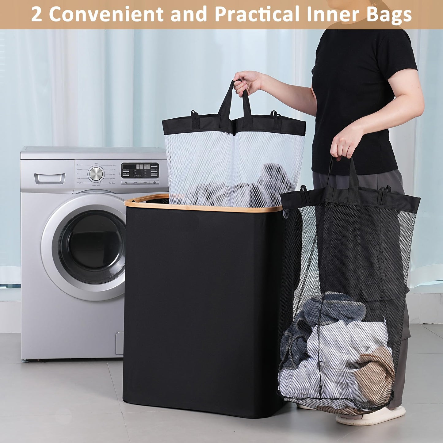 iEGrow 150L Laundry Basket with Lid,Large Laundry Hamper with Bamboo Handles, Hampers for Laundry, Dirty Clothes Hamper with 2 Removable Inner Bags for Clothes Towels,Black