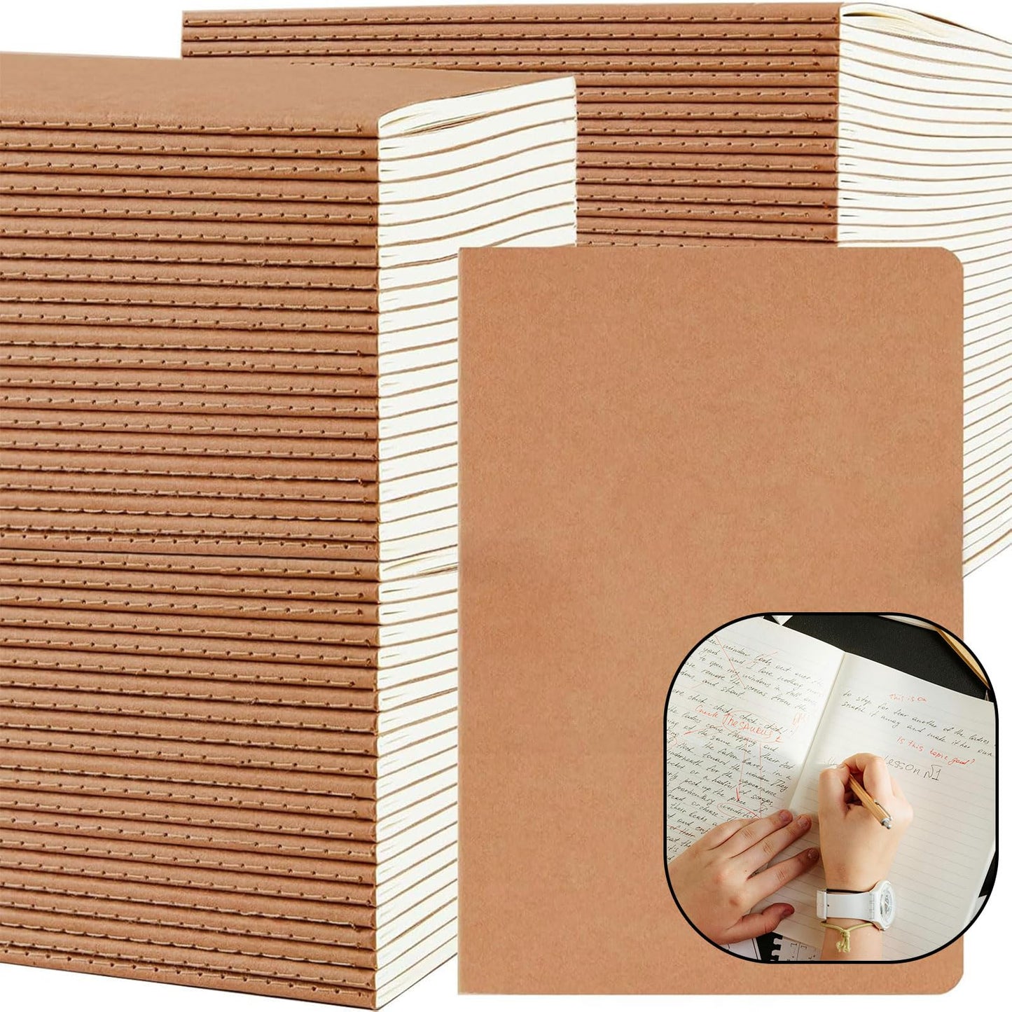 Pet Partisan 100 Pack A5 Lined Kraft Notebook Journals 8.3x5.5 In，Travel Journals Notebooks Bulk，Subject Notebooks 34 Sheets 68 Pages for Writing School Office Supplies (Lined-100 Pack)
