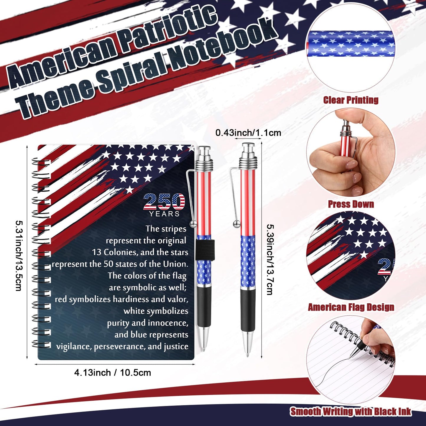 Resurhang 40 Pcs 20 Sets 250th Anniversary Bulk Gifts American Flag Patriotic Notebooks Red White Blue Spiral Journals Military Pens 4th of July Independence Day Gift for Veterans USA Souvenir
