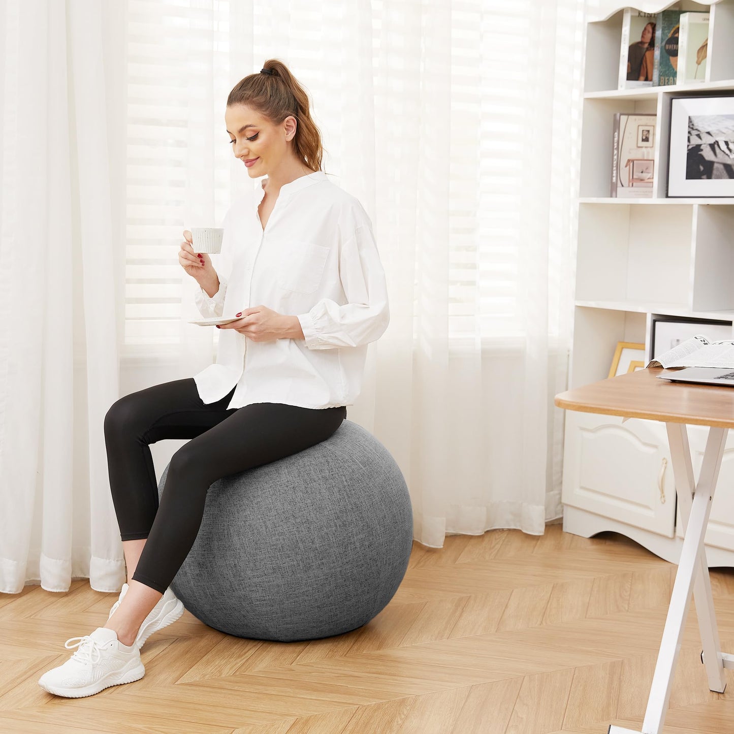 TokSay Exercise Ball Chair for Home Office - 25IN Yoga Ball with Leathaire Cover - Anti-Burst Stability Ball for Pregnancy, Balance & Active Sitting - Pump Included (Gray)