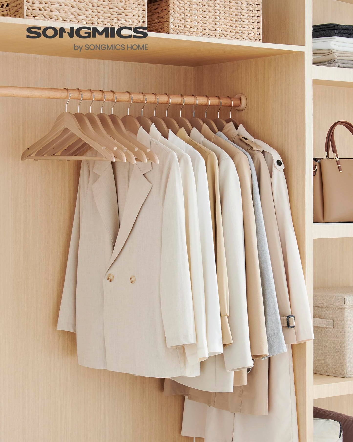 SONGMICS Wooden Hangers, Pack of 24, Coat Hangers, Non-Slip, Pants Bar, 360° Swivel Hooks, for Jackets, Shirts, Coats, Natural Wood UCRW010N24