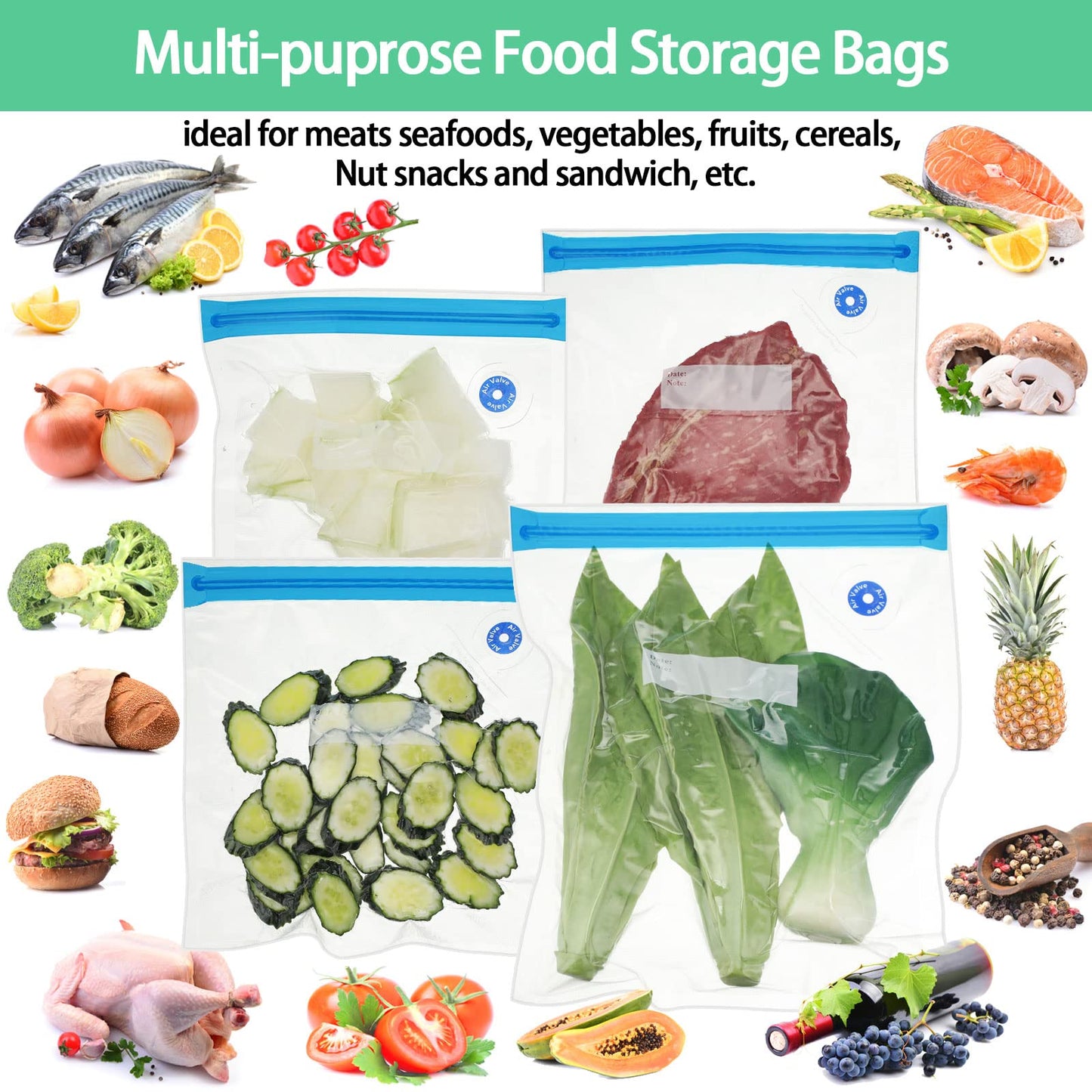 Chumia Sous Vide Bags 4 Sizes 60 Pack Reusable Vacuum Seal Bags with Air Valve Vacuum Food Storage Bag with Zipper Double Layers for Sous Vide Cooking Microwave Heating