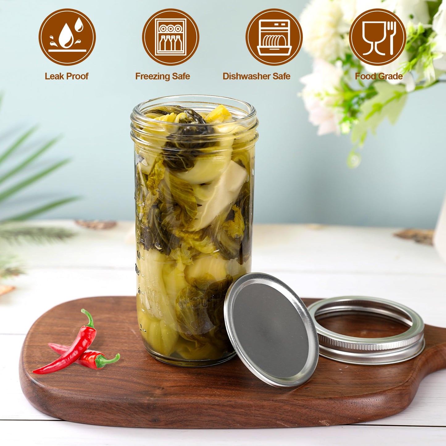 Jeitae 24oz Wide Mouth Mason Jars – 4 Pack Reusable Glass Mason Jars with Airtight Lids for Canning, Pickling, Food Storage, Jam, Jelly, DIY Crafts – Dishwasher Safe