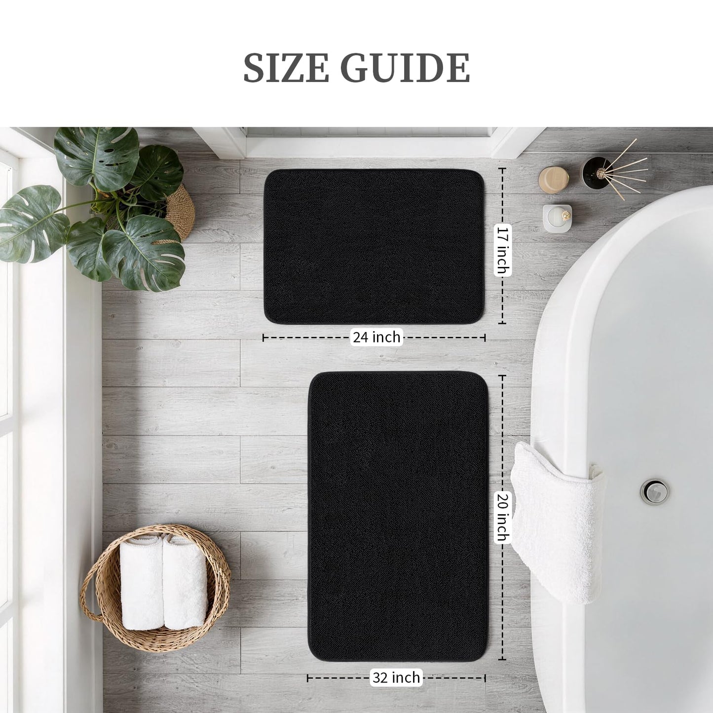 YIHOUSE Memory Foam Bathroom Rugs Sets 2 Piece - Extra Thick Soft Towel-Like Absorbent Bath Mat Set, Non Slip Machine Washable Bath Rugs Carpet for Bath, Tub & Shower (32"x20"+24"x17", Black)