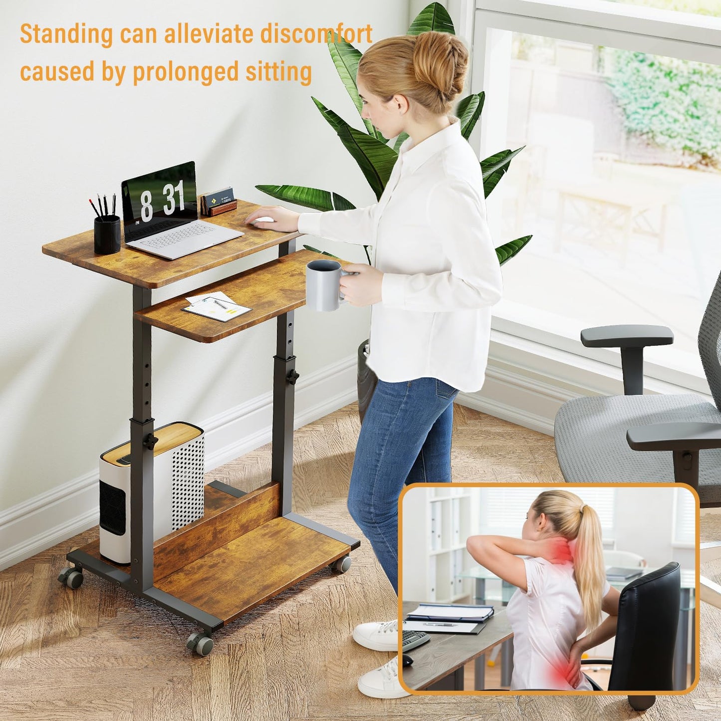 Funecy Small Standing Desk with Wheels,Small Mobile Computer Desks Adjustable Height, Portable Standing Office Desks,Computer Workstation for Home Office(Rustic Brown)