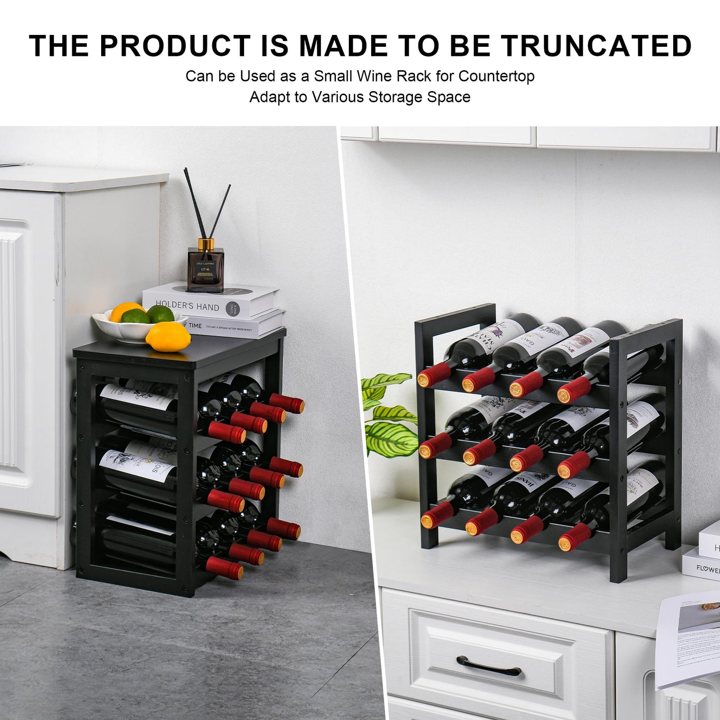 VASMIA Wine Rack Freestanding Floor, 6-Tier Display Wine Storage Shelves with Table Top, 24-Botttle Bamboo Wine Rack Shelf for Kitchen Bar Dining Room Living Room, Black