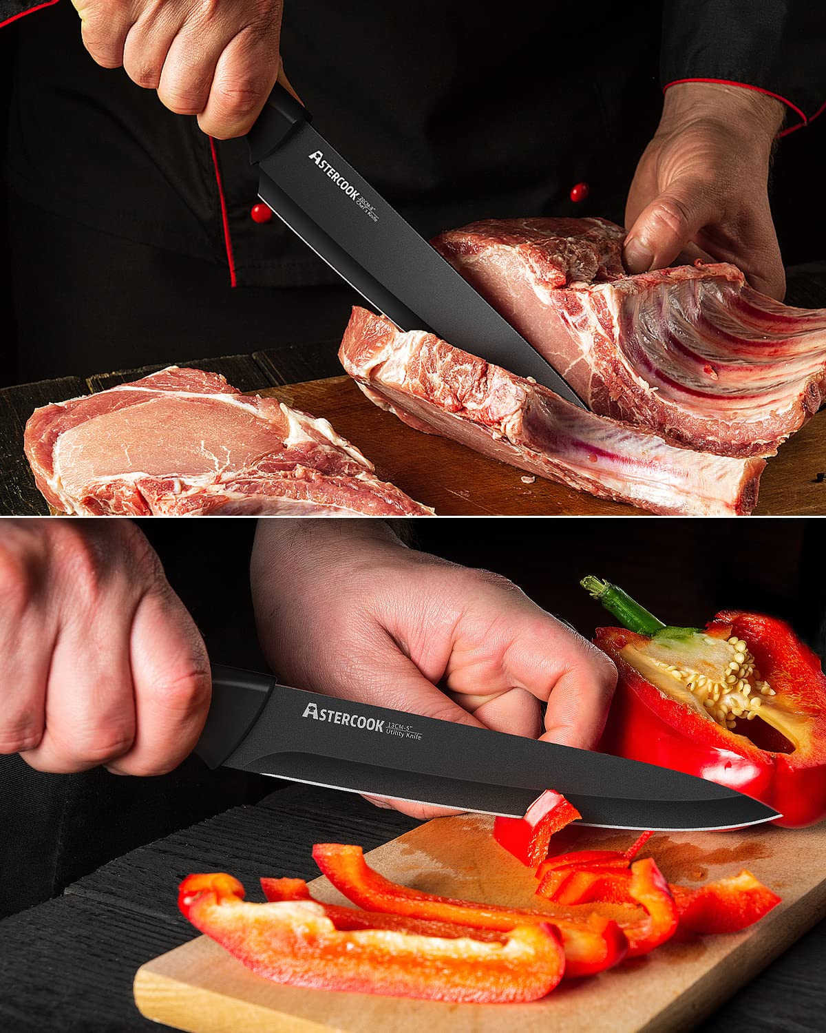 Astercook Knife Set, Kitchen Knife Set with Built-in Sharpener Block, Dishwasher Safe, 15 Pieces German Stainless Steel Knife Block Set, Black Perfect Kitchen Gifts for Mom Dad