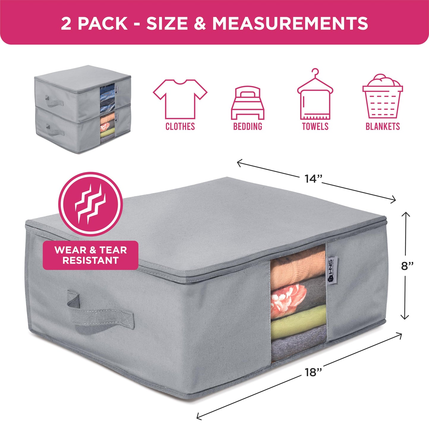 Cedar Clothes Storage Bag Organizer – Protects from Moths, Moisture, Dirt & Dust – Set of 2 Underbed Storage Bags for Clothes, Cashmere Sweaters, Bedding & More - Underbed Storage - Grey