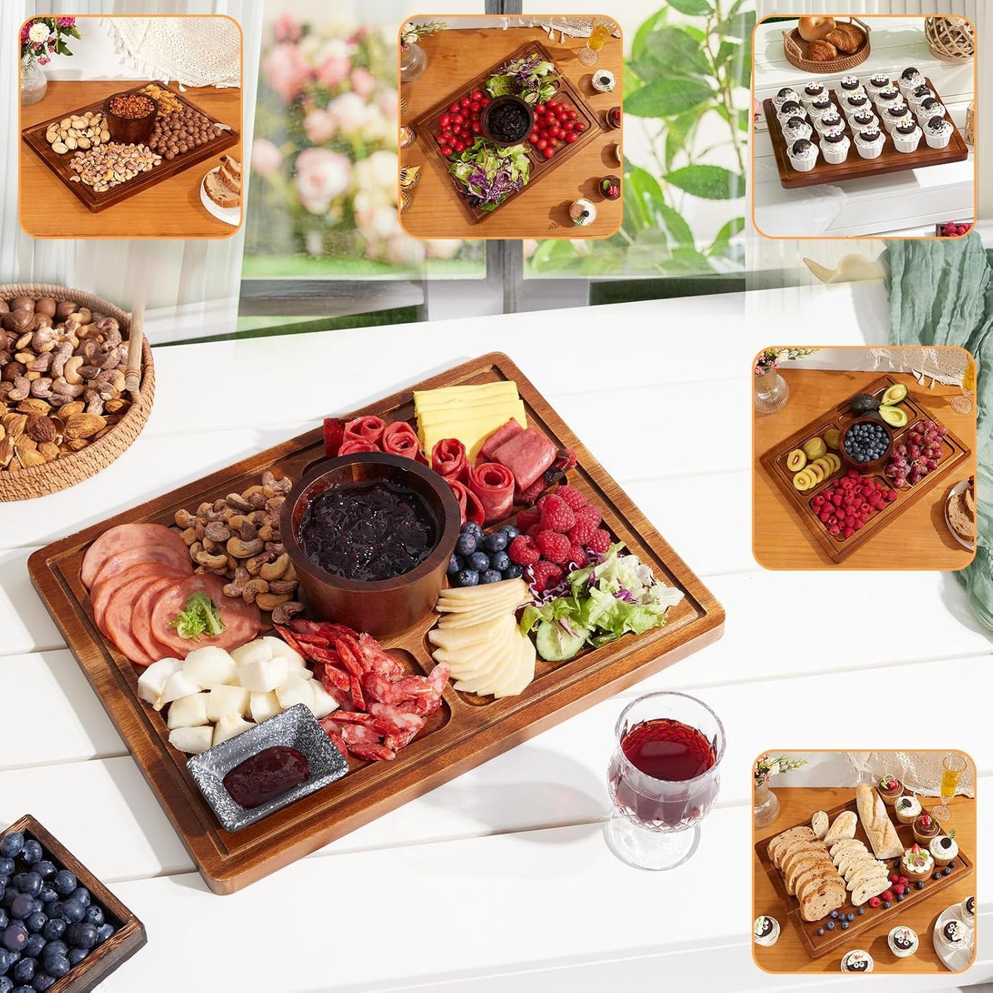 HouseJoy Acacia Wood Cake Stand with Lid-Extra Large 17" Rectangular Cake Holder,2-in-1 Dessert Table Display Set & Charcuterie Board,Acrylic Cake Dome Cover for Cheese/Veggie/Desert /Chips & Dip