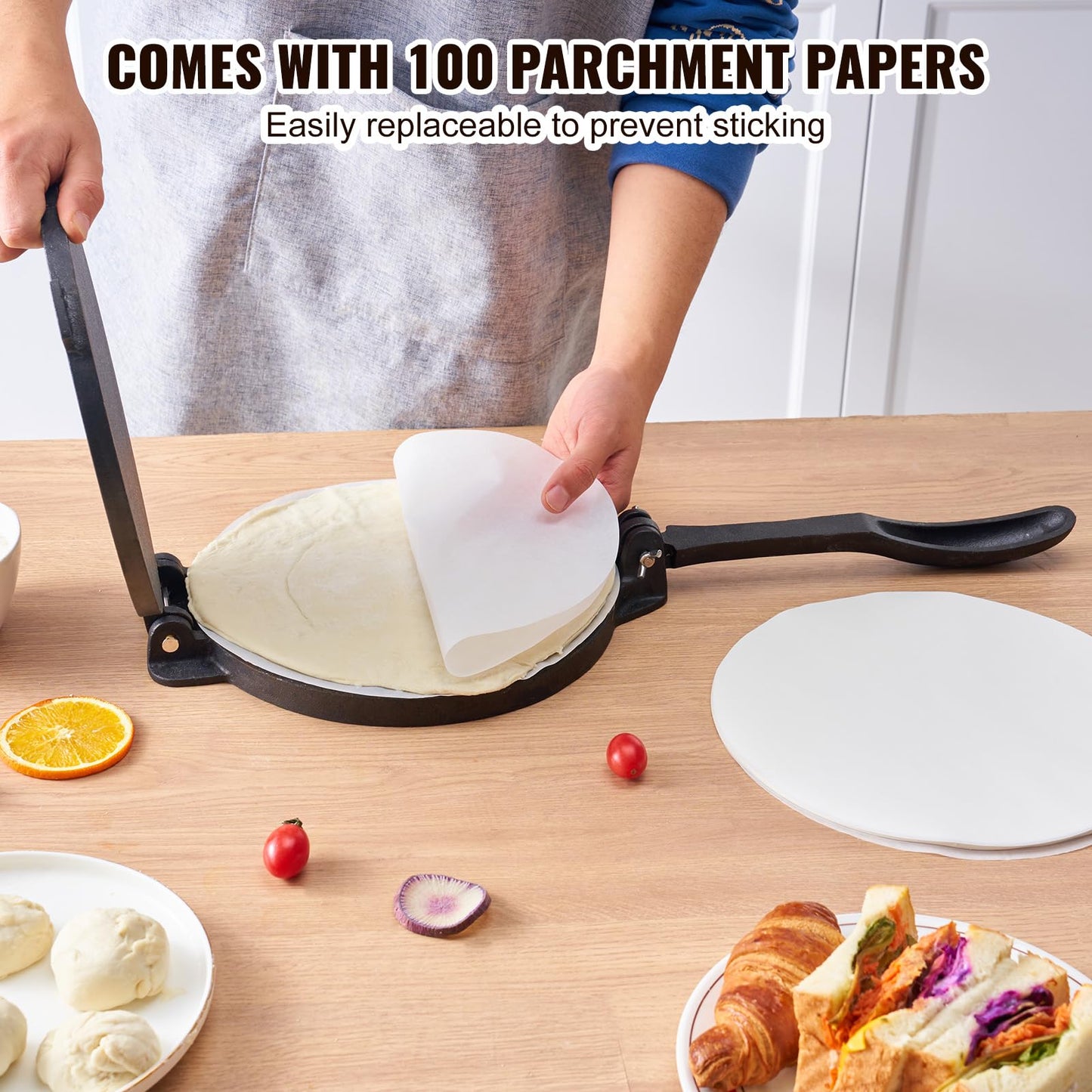 VEVOR Tortilla Press, 10 Inch Tortilla and Roti Maker, Cast Iron Heavy Duty Tortilladora Press, Pre-Seasoned Pataconera with 100 Pcs Parchment Paper, Dough Maker for Flour Tortilla, Tawa