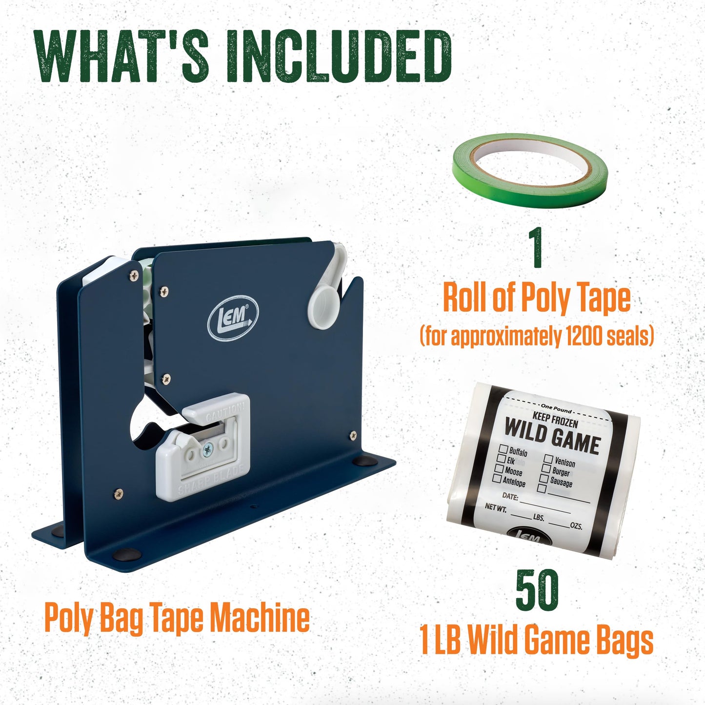 LEM Products Ground Meat Packaging System, Poly Bag Sealer Machine with Tape, 50 Wild Game Meat Bags, Freezer-Ready Packing Kit for Meats, Ground Beef, Deer Processing