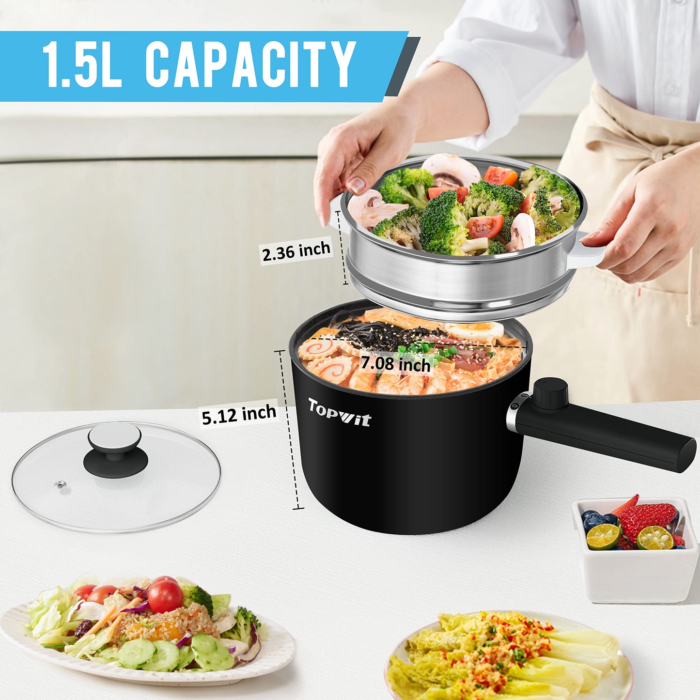 Topwit Hot Pot Electric with Steamer, 1.5L Ramen Cooker, Non-Stick Sauté Pan, Portable Cooking Pot, Electric Cooker with Dual Power Control, BPA Free, Over-Heating & Boil Dry Protection, Black