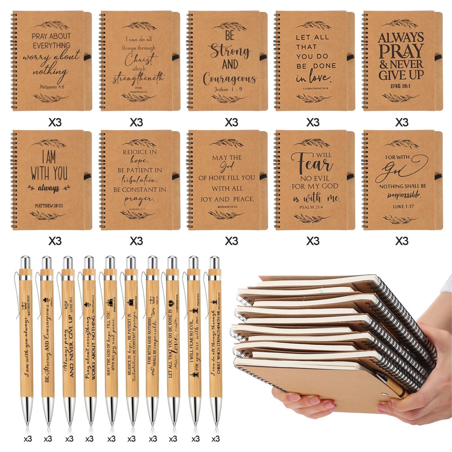 Kosiz 60 Pcs/ 30 Set Father's Day Christian Gift Bulk A5 Spiral Notebook 5.5"x8.3" Christian Prayer Journal Bible Ballpoint Pen Fathers Day Religious Gift for Men Sunday School Church Member (Brown)