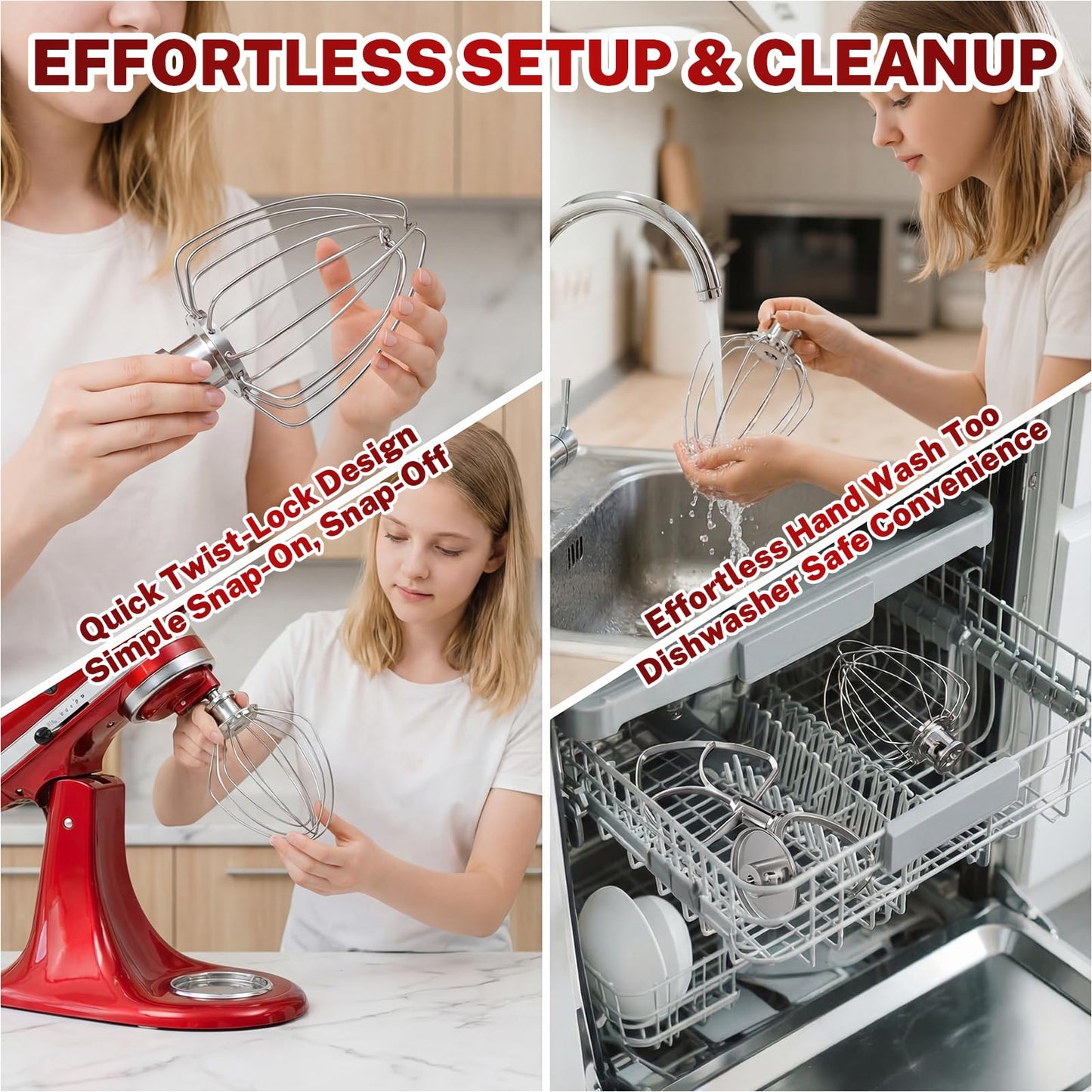 Stainless Steel Attachments 3 Piece Set for KitchenAid 4.5-5 Quart Tilt Head Stand Mixer, Includes K45B Flat Beater, K45DH Dough Hook and K45WW Wire Whip, Dishwasher Safe and Heavy Duty