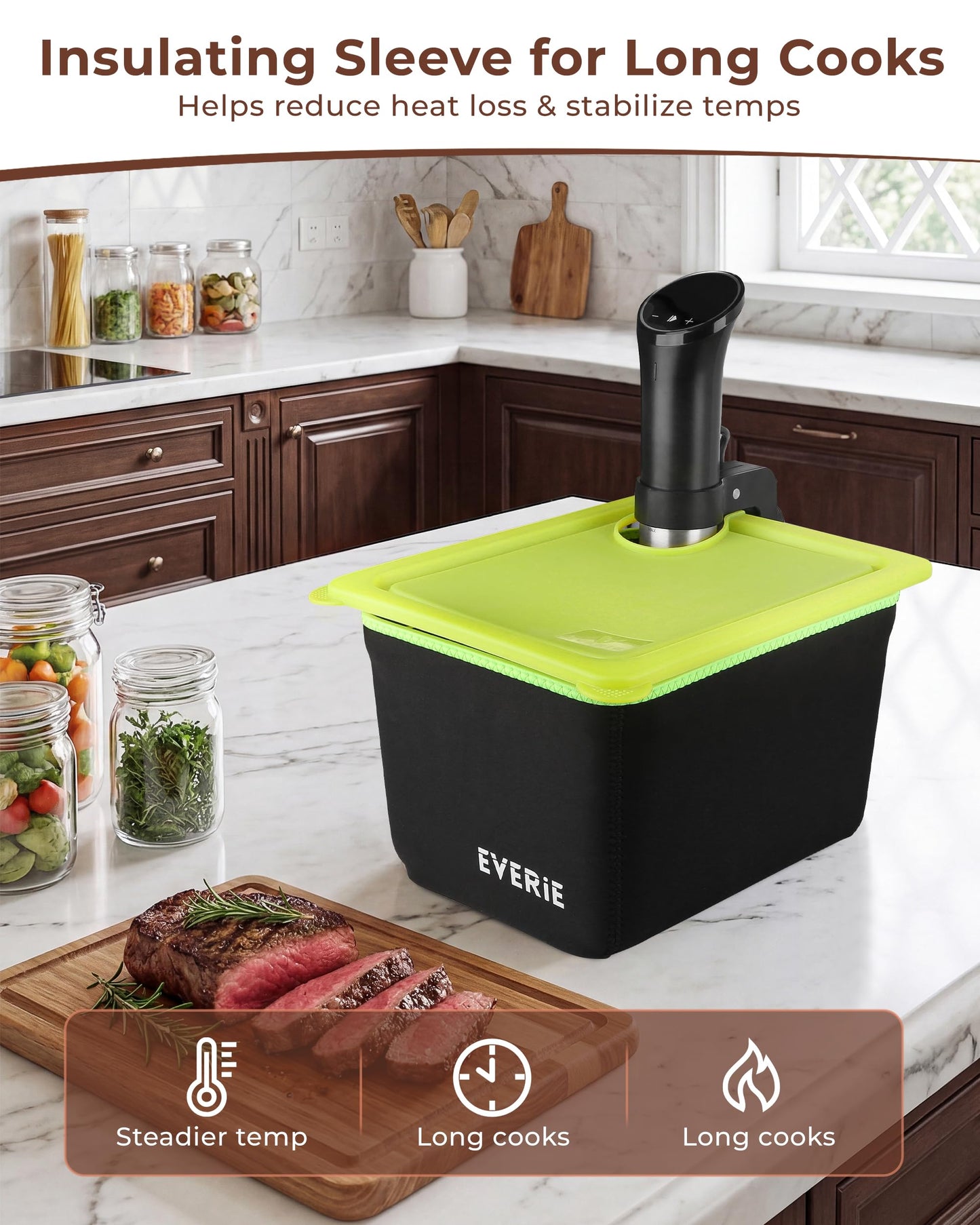 EVERIE 12Qt Sous Vide Container Kit w/Collapsible Lid + Lock-In Divider Rack + Insulating Sleeve – For Long Cooks, Fits Most Clamp-Style Circulators