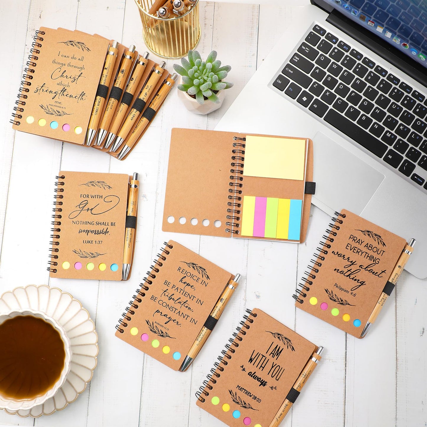 Kosiz 40 Pcs/20 Set Christian Gift Bulk Bible Verse Bamboo Pen Spiral Bible Notebook with Notes Religious Basket Stuffers for Fathers Day Women Men Church Members Coworker Teacher (Kraft)