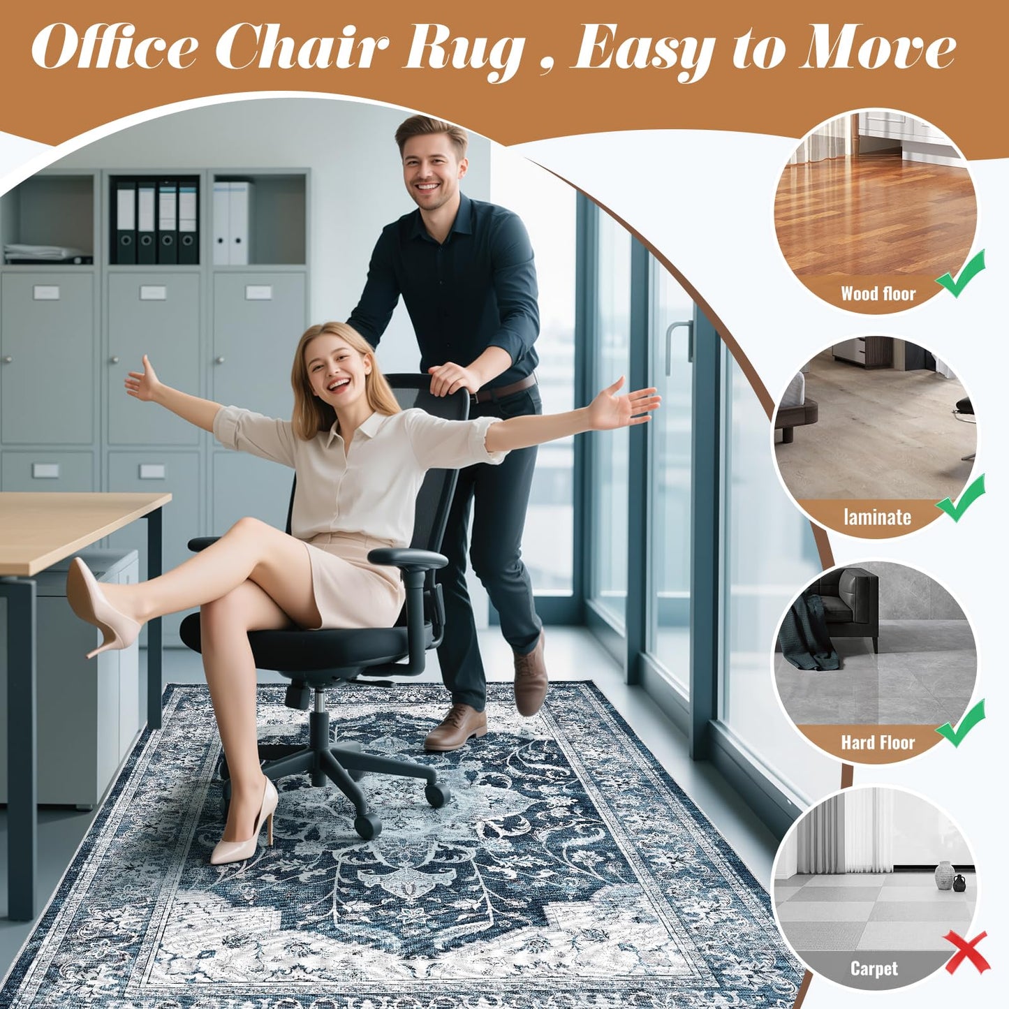 Office Chair Mat for Hardwood Tile Floor, 48"x60"Anti-Slip Under Desk Carpet Protector for Rolling Computer Chair Mat, Machine Washable Office Area Carpet (Chenille,Blue)