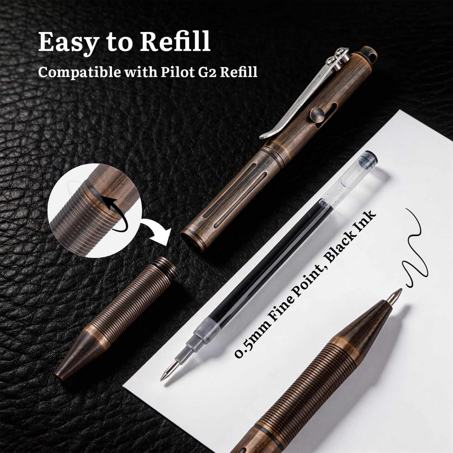 SMOOTHERPRO Titanium Bolt Action Pen Compatible with Pilot G2 Refill Stainless Steel Pocket Clip for EDC Signature Business Writing Journaling Stone Wash Black(RG341)