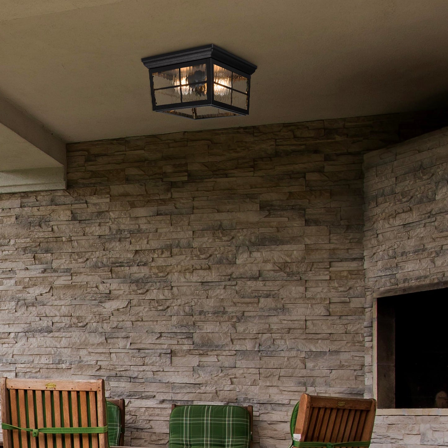 Maxxima Outdoor Flush Mount Ceiling Light Fixture, Black w/Water Glass, 2-Light Square Farmhouse Porch or Patio Light, Close to Ceiling Entryway Outdoor Light, Bulbs Not Included