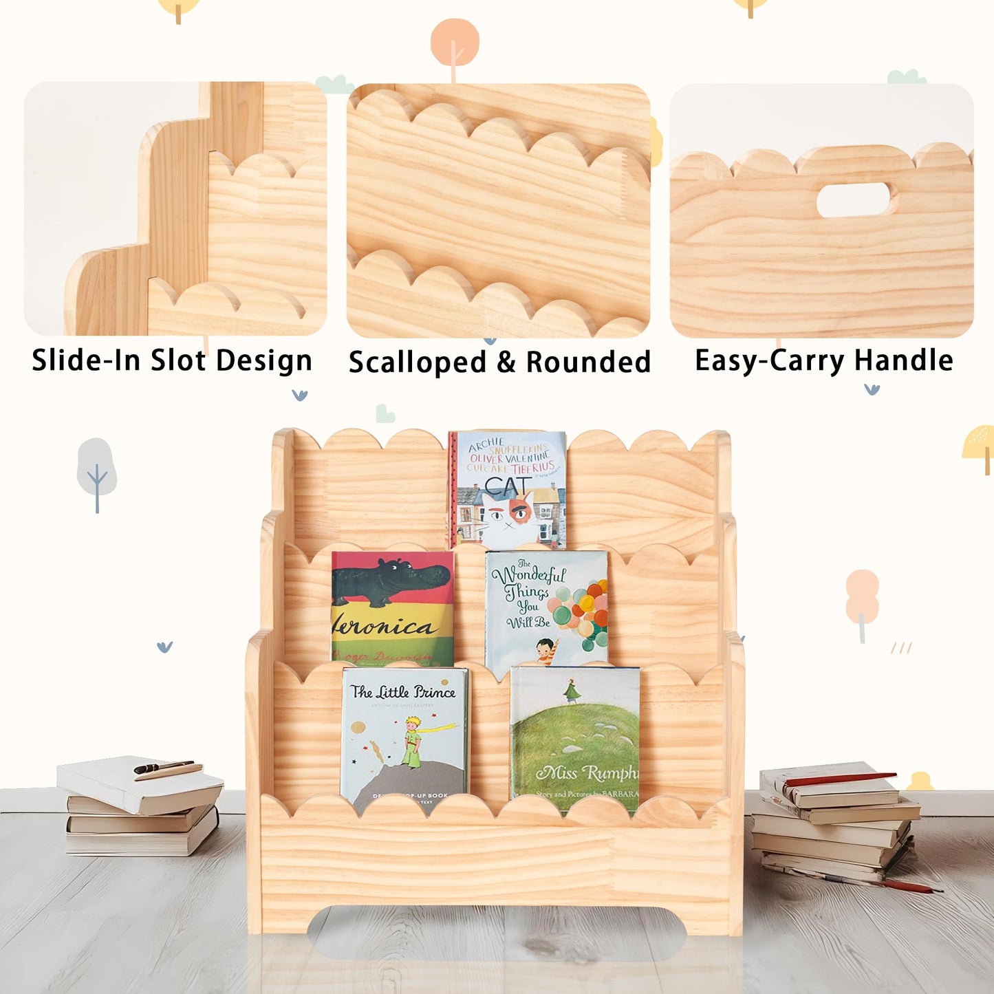 Kids Bookshelf Storage 3-Tier, Book Case for Kids Rooms, Scalloped Wooden Montessori Bookcase for Toddlers & Baby, Small Nursery & Classroom Book Shelves, Solid Wood Organizer