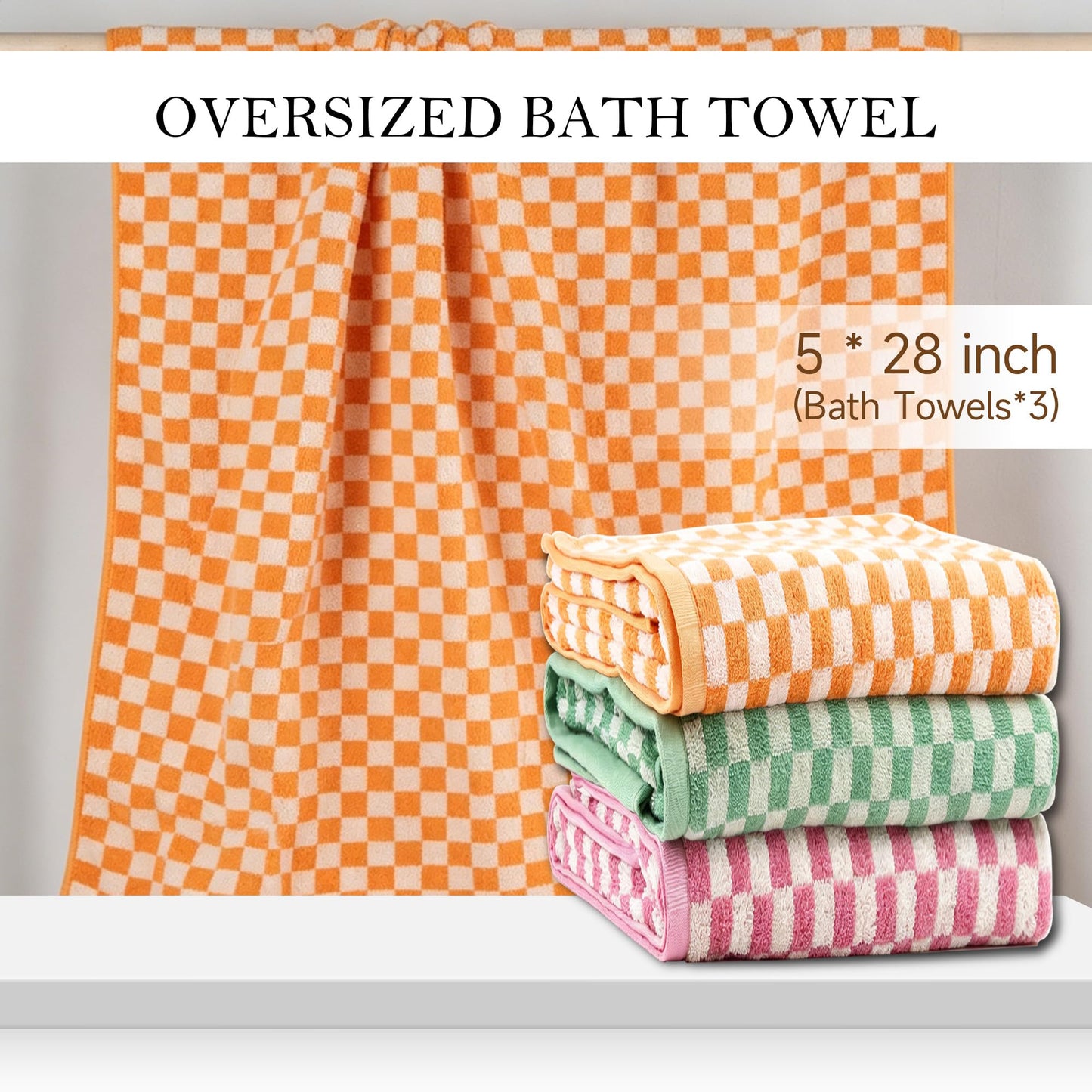 CinGiiCo Checkered Bath Towels Set of 3, 100% Cotton Bath Towels Large, 600GSM, 55 * 28 in, Luxury Shower Towels for Bathroom, Soft Absorbent Quick-Dry（Orange+Dark Green+Pink）