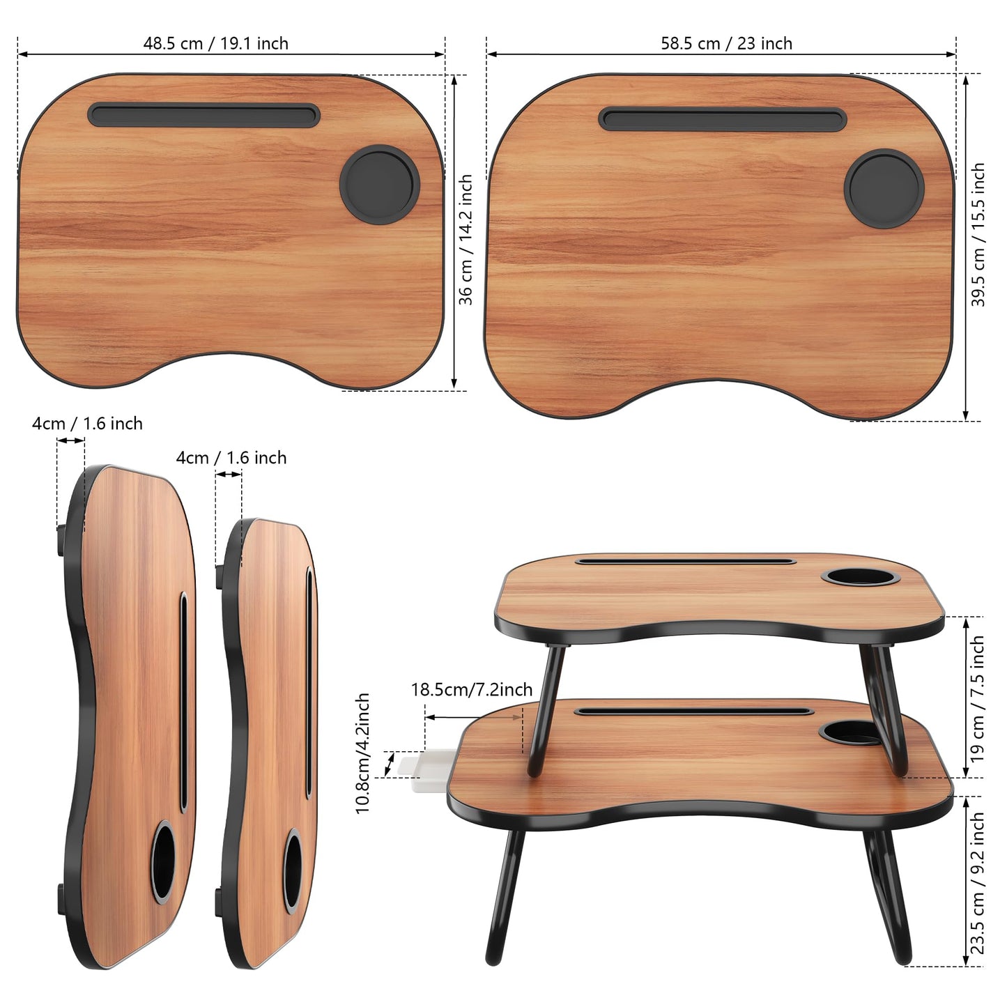 Lap Desk for Laptop Bed Trays for Eating and Laptops Breakfast in Bed Laptop Stand TV Trays for Bed with Cup Holder/Drawer for Sofa/Couch Portable Foldable (Black Walnut, L(23×16")+Drawer)
