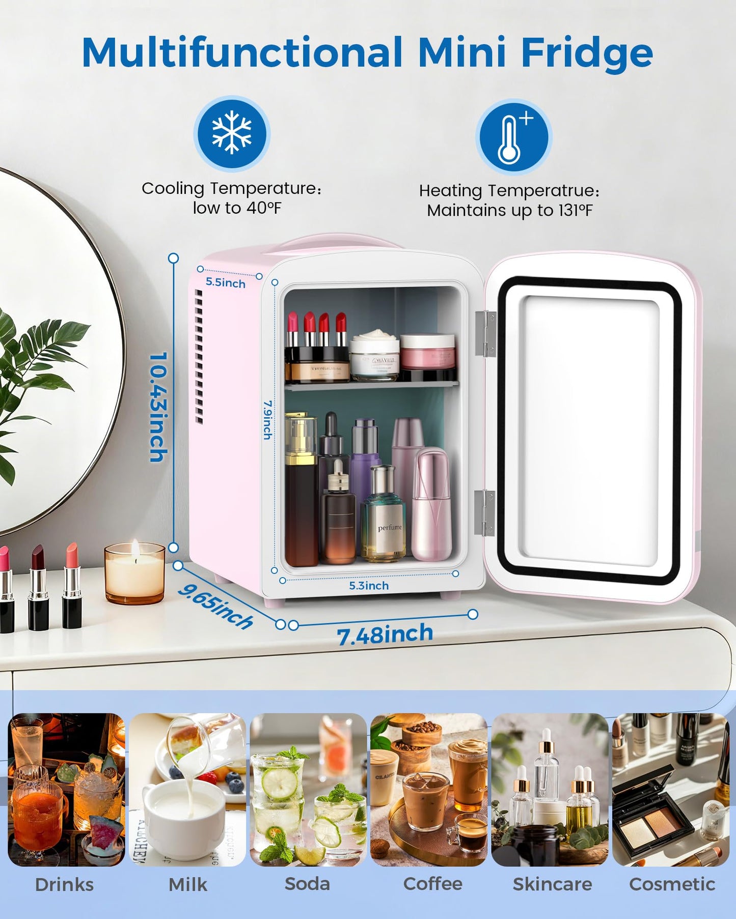 Electactic Mini Fridge for Bedroom, 4L/6 Cans Small Cosmetic Fridge for Skincare, Makeup, Medicine & Beverage, Portable Desk Fridge Cooler and Warmer for Kids, Car, Office, Dorm, Pink