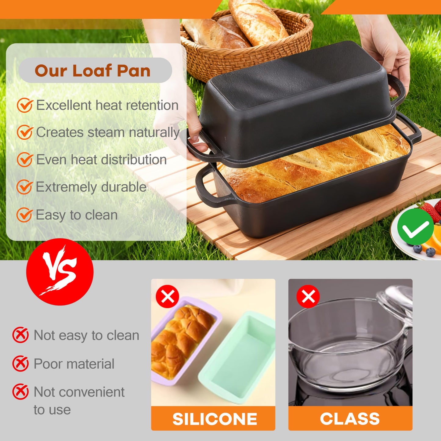 GRMlmosa 11x5 Inch Cast Iron Loaf Pan, 5.8 Qt Large Dutch Oven Loaf Pan with Lid, Sourdough Bread Baking Pan for Homemade Bread|Meatloaf, Even Heat Distribution & Oven Safe up to 500°F